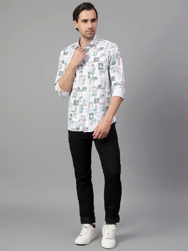 men's classic short-sleeve shirts -Men's White Printed Full Sleeve Casual Shirt