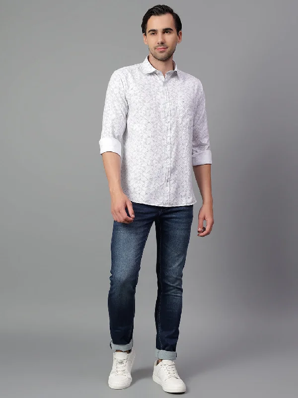 men's dress shirts -Men's White Printed Full Sleeve Casual Shirt