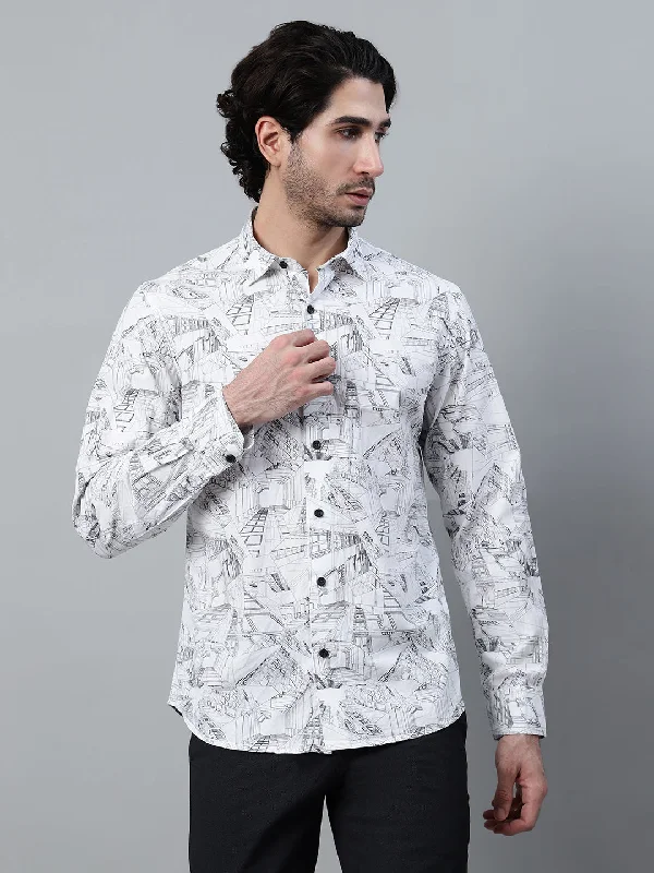 men's patterned dress shirts -Men's White Printed Full Sleeve Casual Shirt