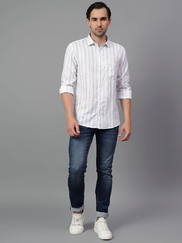 men's versatile button-up shirts -Men's White Stripe Full Sleeve Casual Shirt