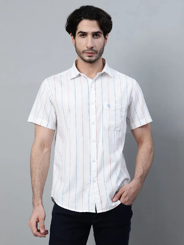 men's plaid shirts -Men's White Striped Half Sleeve Casual Shirt