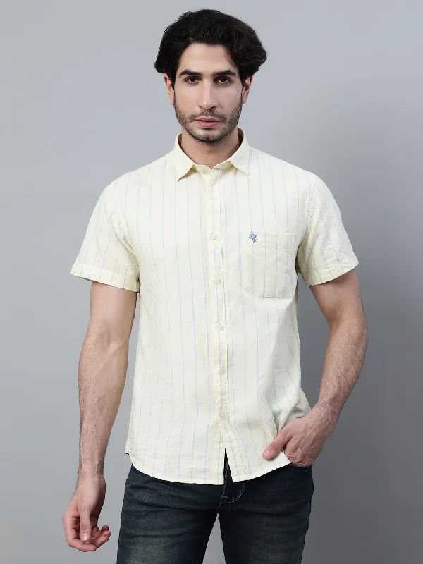 men's slim-fit dress shirts -Men's Yellow Striped Half Sleeve Casual Shirt